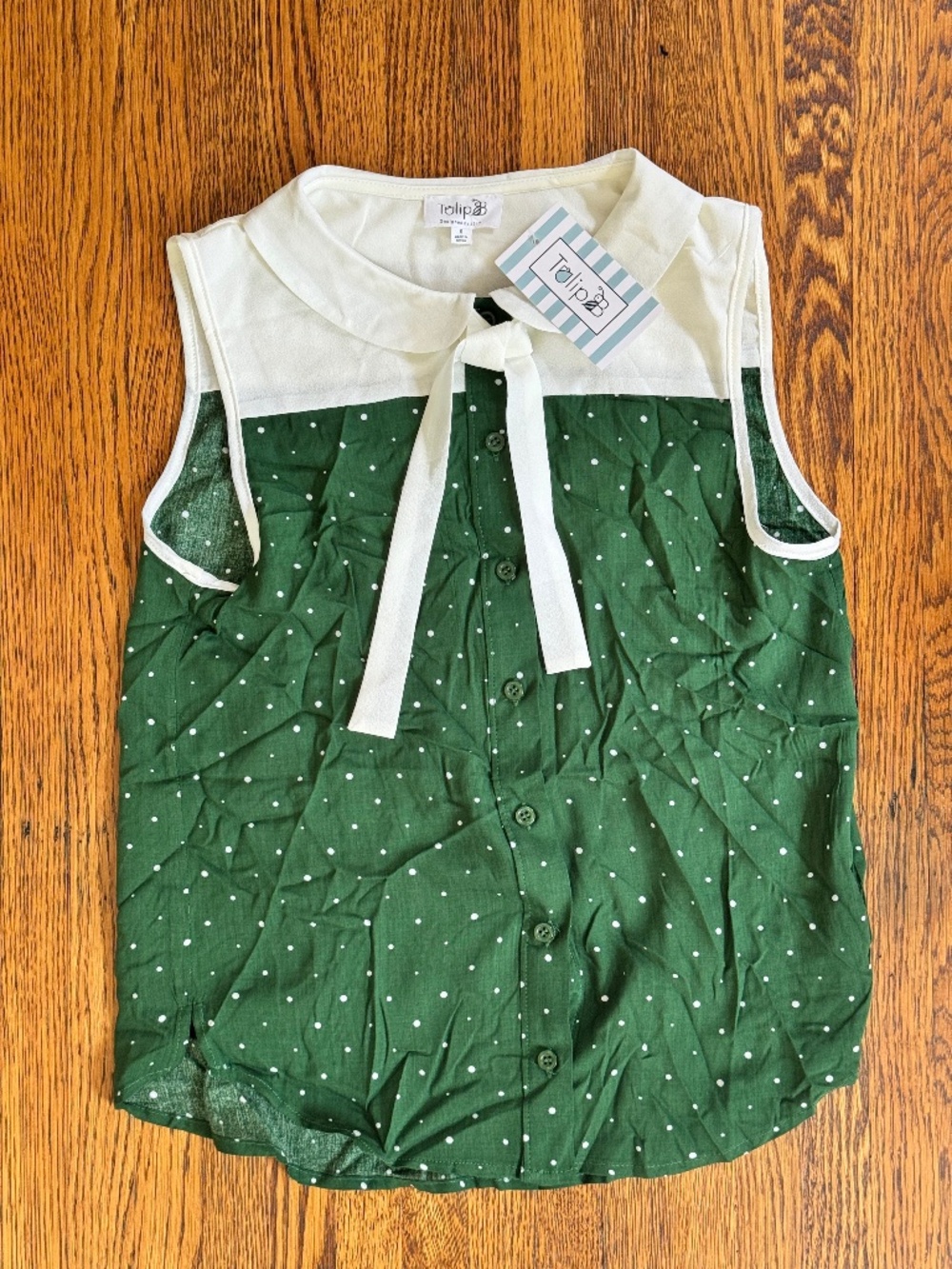 Tulip B Sleeveless Green Polka Dot Peter Pan Collar Tie Neck Blouse Size Small
